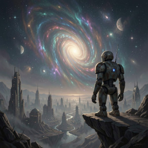A lone, weathered robot stands at the edge of a desolate, alien cityscape.jpg