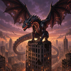 A colossal dragon perched atop a ruined skyscraper - F29.jpg