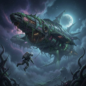 An astronaut drifts in the silent void, tethered to a colossal, derelict spaceship.jpg