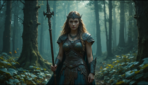 Boudica warrior queen in magical forest - PL.png