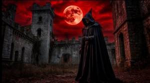 Medieval warlock in abandoned castle under dark-red moon.png