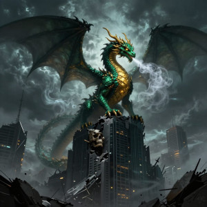 A colossal dragon perched atop a ruined skyscraper - Z.jpg