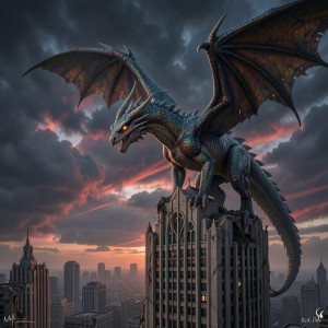 A colossal dragon perched atop a ruined skyscraper - F24.jpg