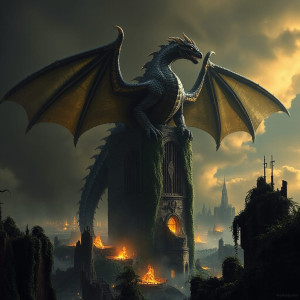 A colossal dragon perched atop a ruined skyscraper - JFL.jpg