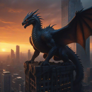 A colossal dragon perched atop a ruined skyscraper - JX.jpg