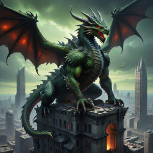 A colossal dragon perched atop a ruined skyscraper - СXL.jpg