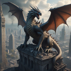 A colossal dragon perched atop a ruined skyscraper - MXL.jpg