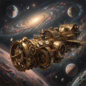A lone woman stands at the helm of a majestic, steampunk-inspired spaceship.jpg