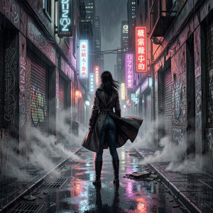 A lone female investigator, silhouetted against a rain-slicked, neon-lit alleyway.jpg