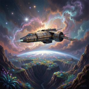 Weathered Spaceship in Cosmic Nebula Above Alien Planet.jpg