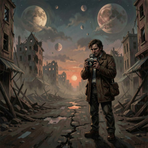 Journalist in Ruined City Under Twilight Sky.jpg