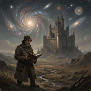 Journalist Surveys Crumbling Castle Under Alien Nebula Sky.jpg
