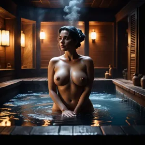 Voluptuous Queen in Luxurious Blue Marble Sauna.webp