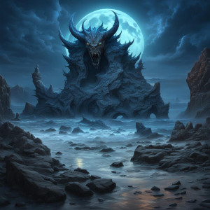 Demonic rock on the sea shore under full round blue moon.jpg