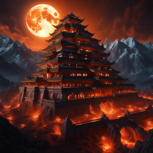 Monstrous building in the Himalayas under full round orange moon.jpg