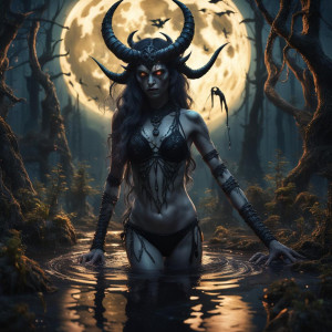 Beautiful demoness in black string bikini in the forest swamp under full round moon.jpg