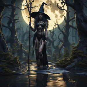 Beautiful witch in black string bikini in the forest swamp under full round moon.jpg