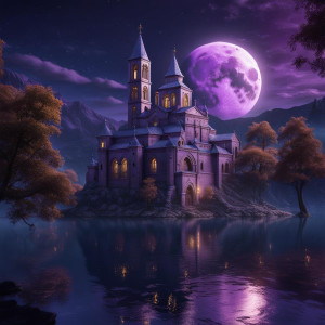 Catholic monastery on the lake under full round purple moon.jpg