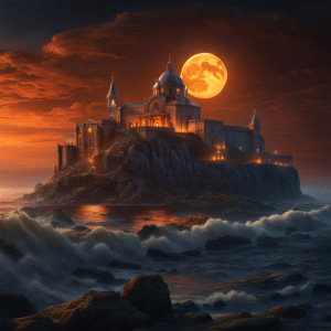 Catholic monastery on the sea shore under full round orange moon.jpg