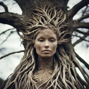 Красивая женщина с лицом из корней дерева.webp