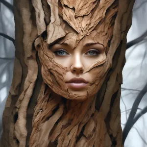 Красивая женщина с лицом из коры дерева.webp