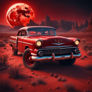 Vintage demonic car in Arizona desert under full round blood-red Moon.jpg