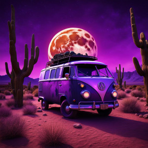 Vintage demonic van in Arizona desert under full round purple Moon.jpg