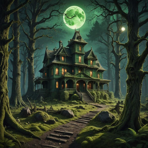 Haunted house of lost souls in Oregon forest under full round green moon.jpg