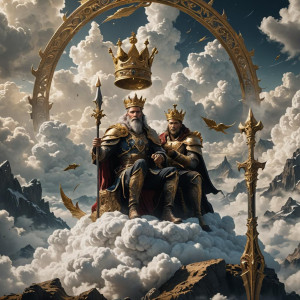 A man sits on a white cloud, with a golden crown on his head, and a sharp sickle in his hand.jpg