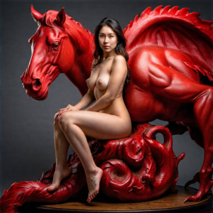 A naked woman sitting on a scarlet horse.png