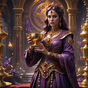 A woman clothed in purple and scarlet, adorned with gold and jewels and pearls, holds in her hand a golden cup.jpg