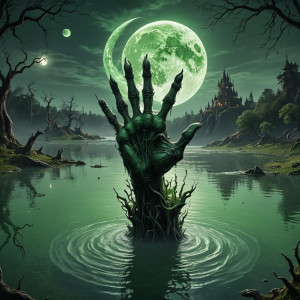 Gigantic demonic hand sticking out of a haunted lake under full round green moon.jpg