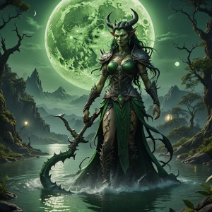 Demoness of the lake under full round green moon.jpg