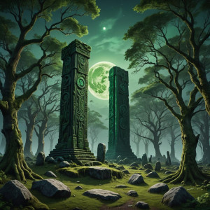 Sacred monolith of druids in Irish forest under full round green moon.jpg