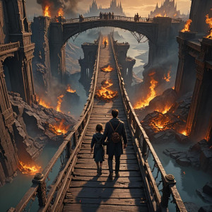 Brother and sister holding hands walking the narrow bridge over the burning pit into the Kingdom of Heaven.jpg