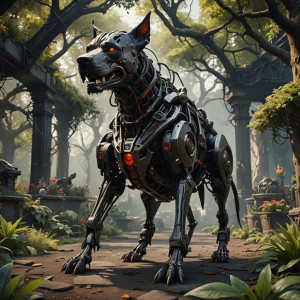 Giant demonic cyborg dog in a carbon fibre exoskeleton in the Garden of Hell.jpg