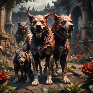 Giant demonic Cerberus dog in the Garden of Hell.jpg