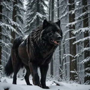 Black wolf in a winter forest.webp