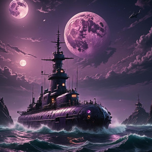 Giant demonic submarine in Devil’s Sea under full round purple Moon.jpg
