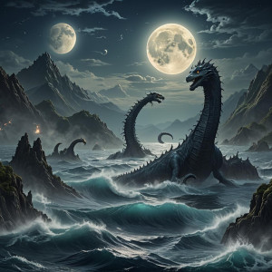 Loch Ness monster in Devil's Sea under full round blue moon.jpg