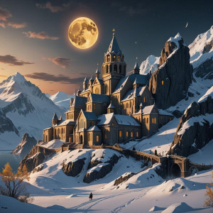 Catholic monastery in the Arctic under full round golden moon.jpg