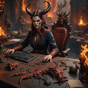 Demoness receptionist at her desk in Hell headquarters.jpg