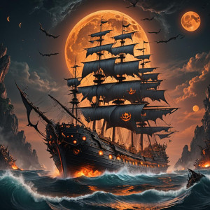 Giant demonic destroyer ship in Devil’s Sea under full round orange Moon.jpg