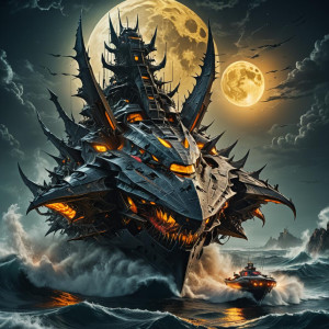 Giant demonic corvette in Devil’s Sea under full round golden Moon.jpg