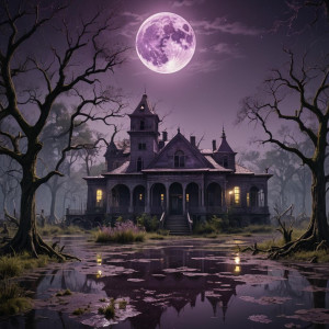 Haunted mental asylum in Louisiana swamp under full round purple moon.jpg