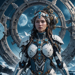 Beautiful mechanical woman in the Arctic under round full blue moon.jpg
