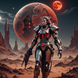 Beautiful mechanical woman in the desert under full round blood-red moon.jpg