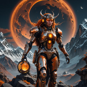 Beautiful mechanical woman in the Himalayas under full round orange moon.jpg