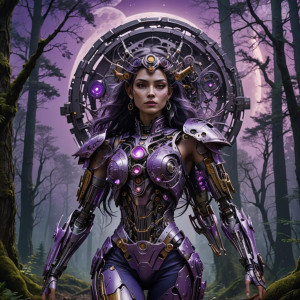 Beautiful mechanical woman in the Oregon forest under full round purple moon.jpg