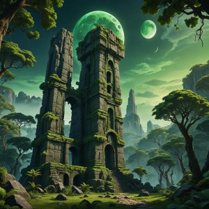 Mammoth stone tower in the jungle under green moon.jpg